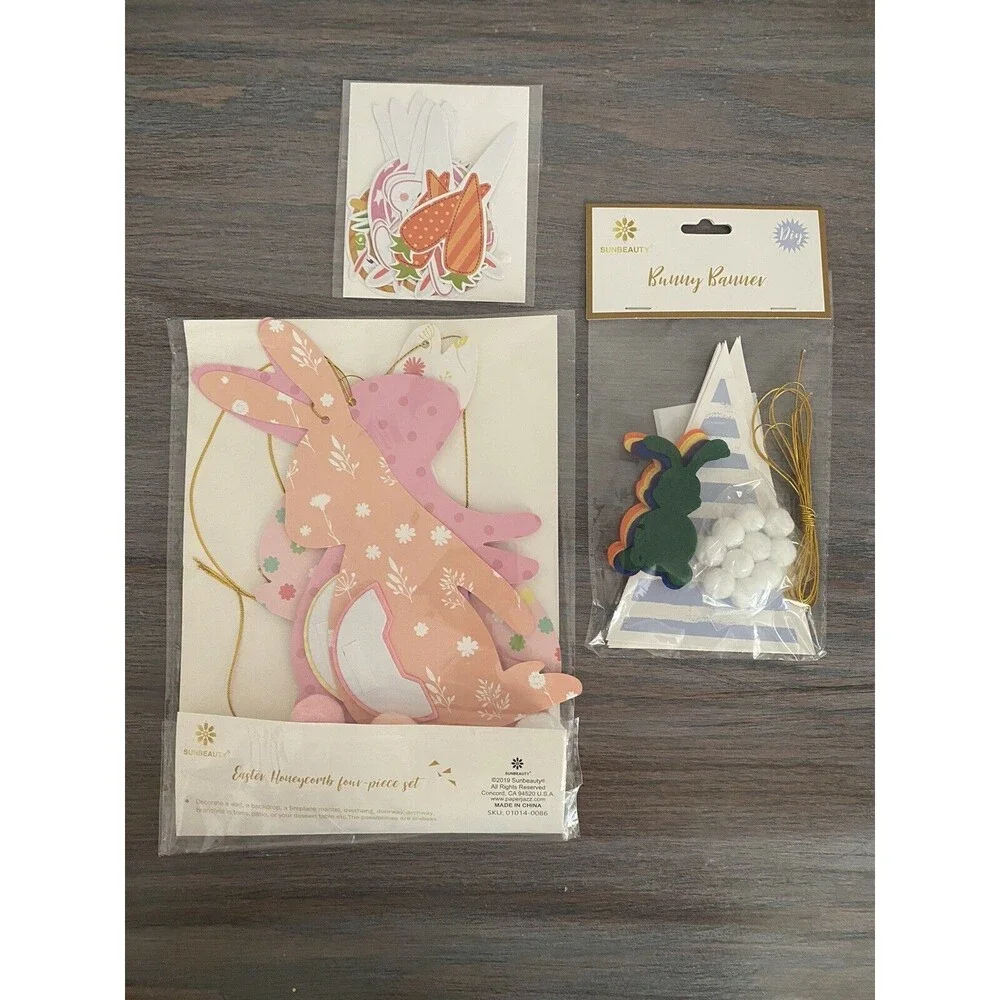 Easter Bunny Decoration for Home Rabbit with 3D Honeycomb banner sticks Set kids